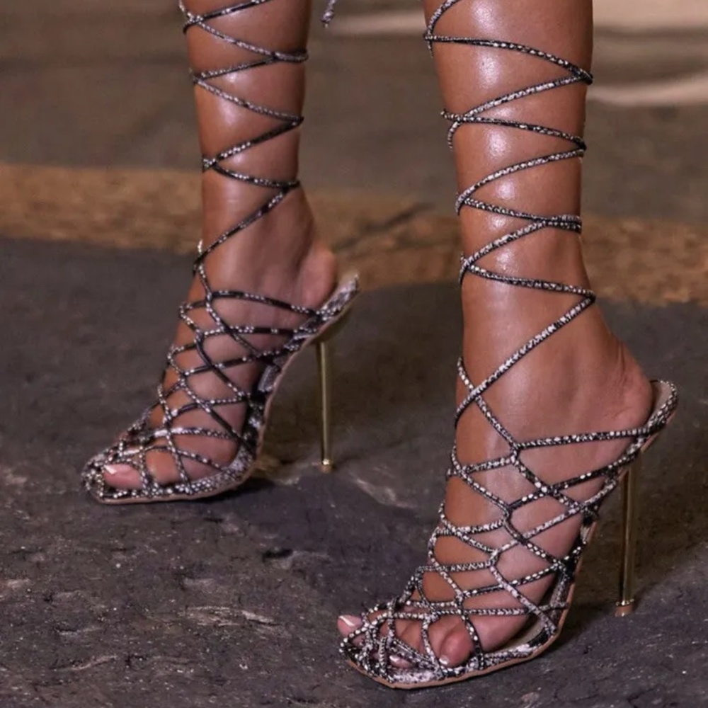 Ego Wrap Around Heeled Sandals in Beige Snake